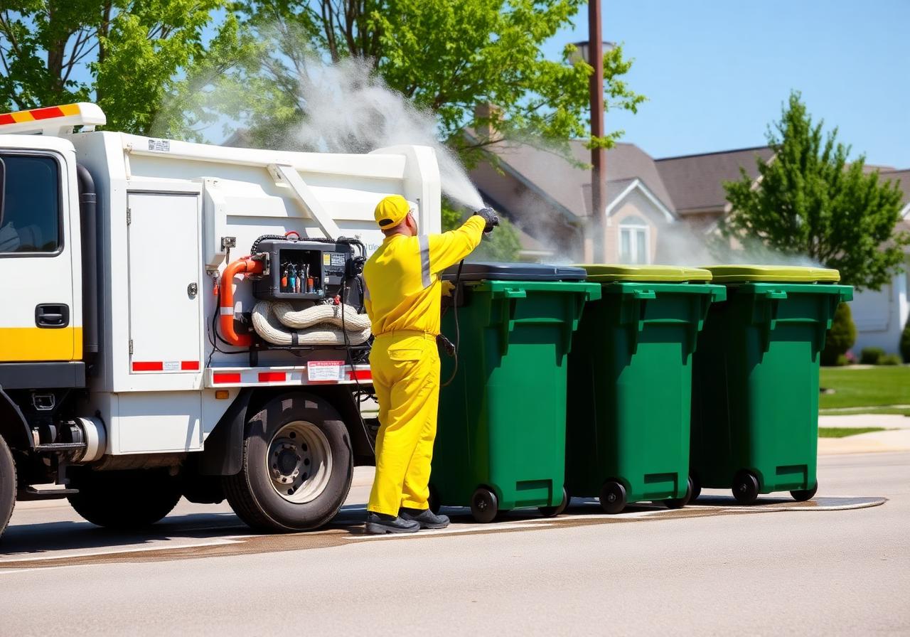 Professional garbage bin cleaning truck spraying high-heat water on wheelie bins